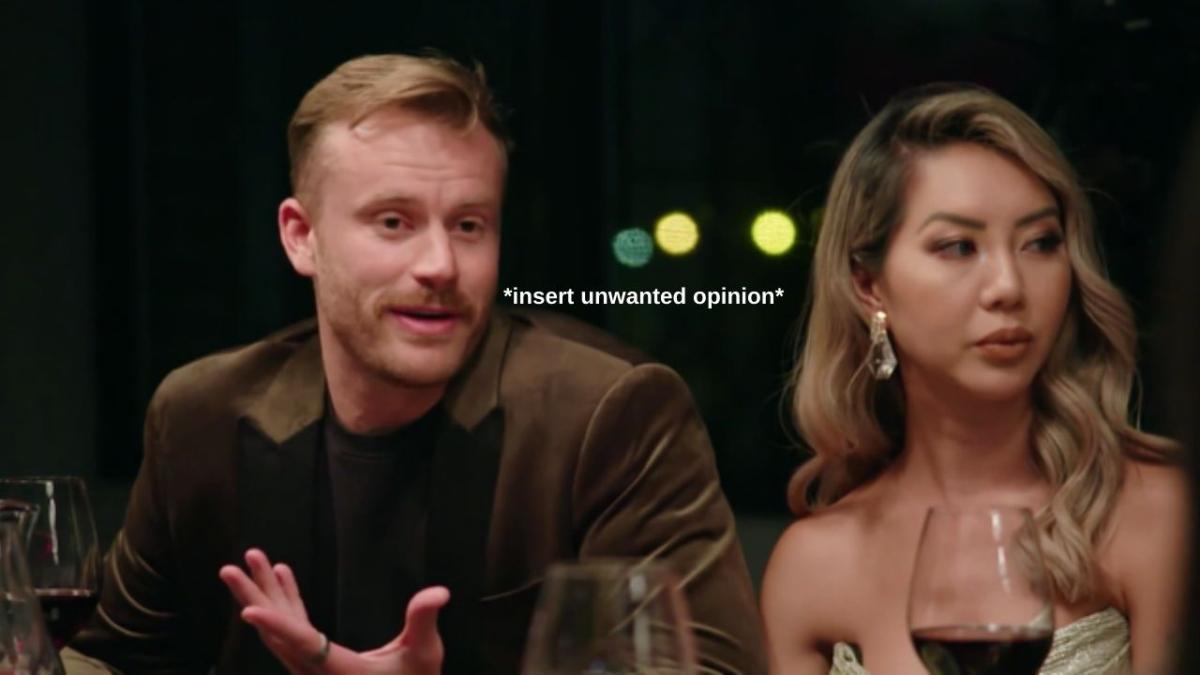 Cody outing Domenica at the MAFS dinner party. A caption says "insert unwanted opinion."