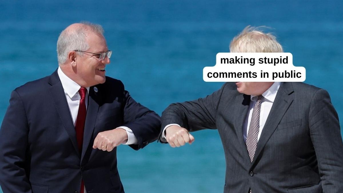 Scott Morrison bumping elbows with a man that has the text "making stupid comments in public" over him. It's referring to Morrison's take on Will Smith's slap.