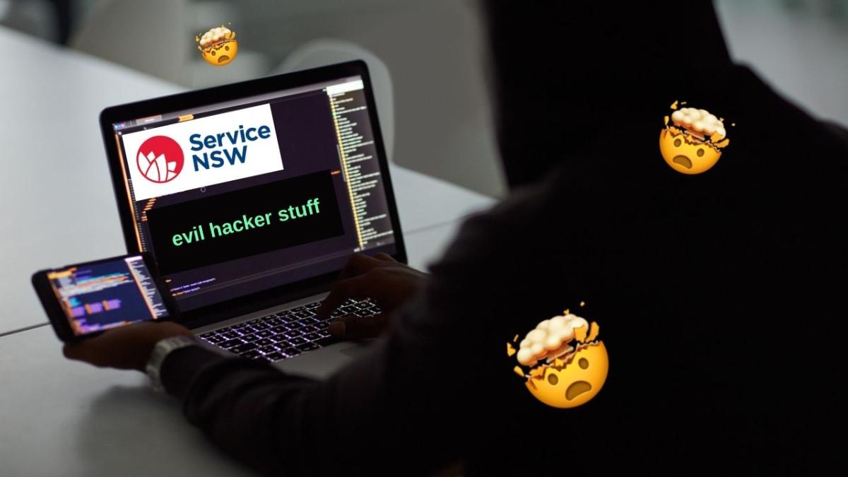 An image of a hacker and shocked emojis to depict the story of a Sydney man who was hacked after a Service NSW breach.