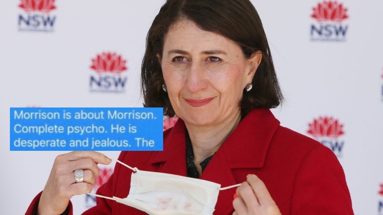 Gladys Berejiklian smiling with a leaked image of texts between her and an unnamed Liberal about Scott Morrison.