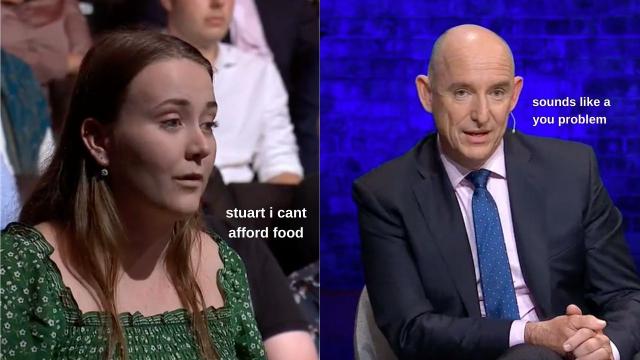 A young woman asks Thursday's Q+A panel a question on how young people are meant to deal with rising cost of living, only to receive a very disappointing answer. #qanda