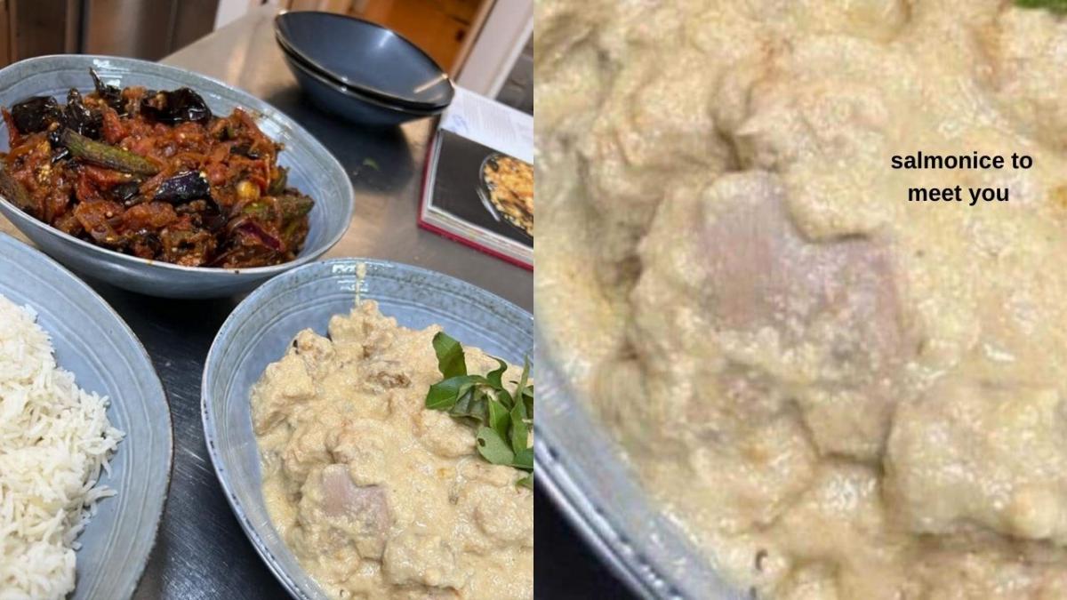 Scott Morrison's chicken curry, where the curry appears to be littered with raw chicken. The piece of chicken looks uncooked, pink and with white tendons.