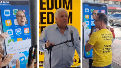 The Chaser Just Dressed Up As A Giant Clive Palmer Text Message To Heckle Him At His Own Rally