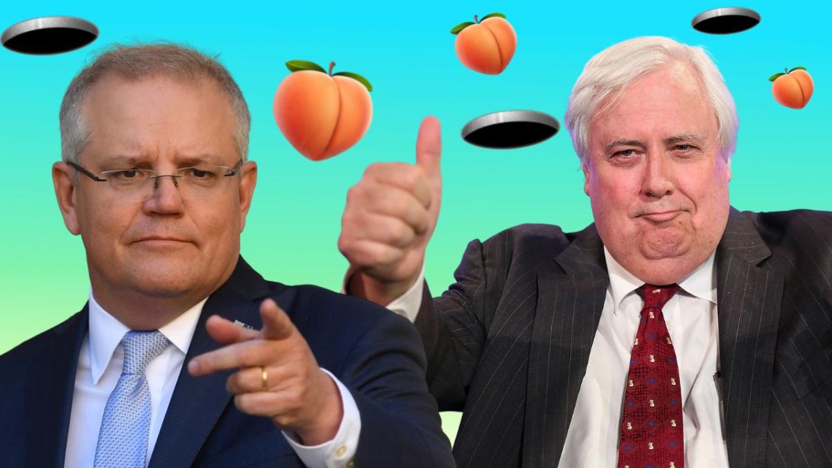 Scott Morrison and Clive Palmer surrounded by peaches and holes on a gradient background to depict the green's advice on preferential voting,