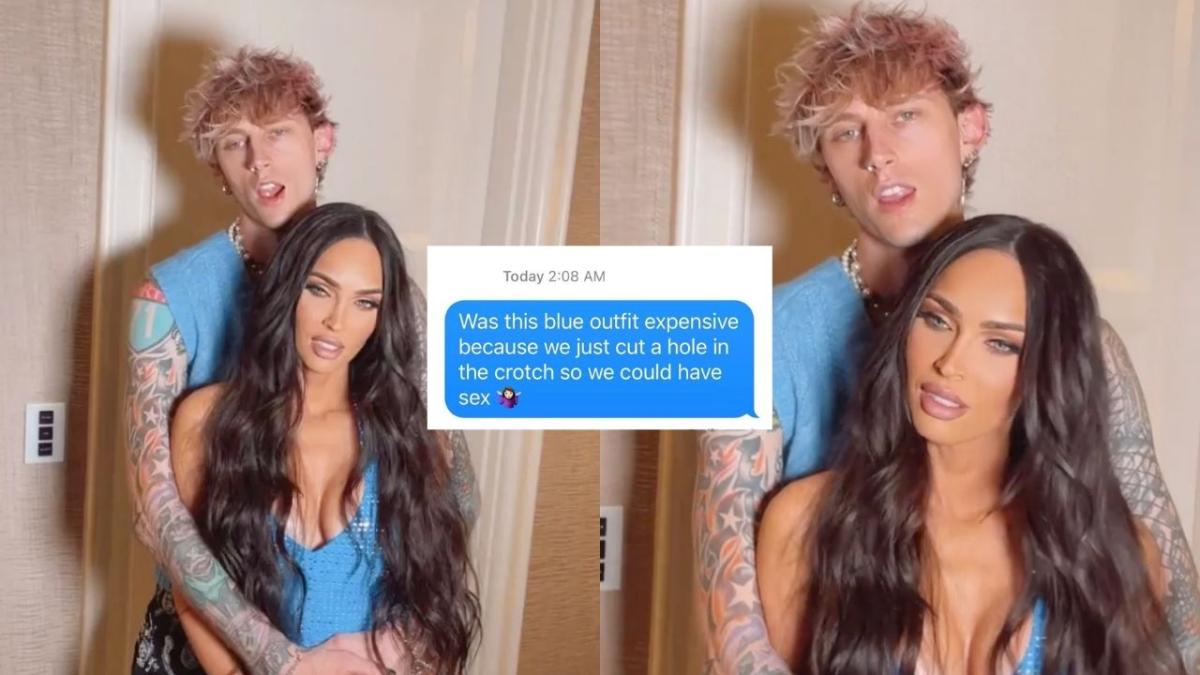 Megan Fox posing with MGK while wearing a blue jumpsuit.