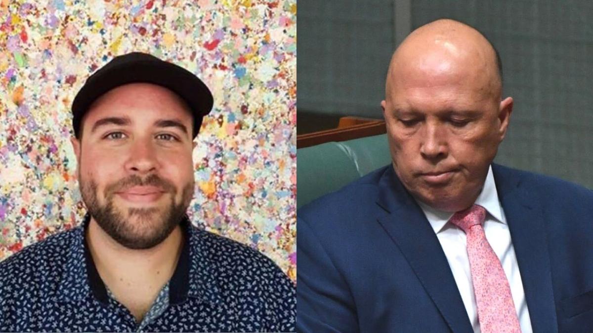 Shane bazzi next to a picture of Peter Dutton
