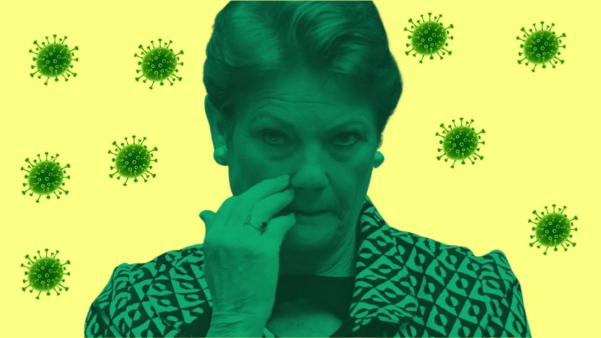 Pauline Hanson with a green tinge on a yellow background, surrounding by microbe emojis