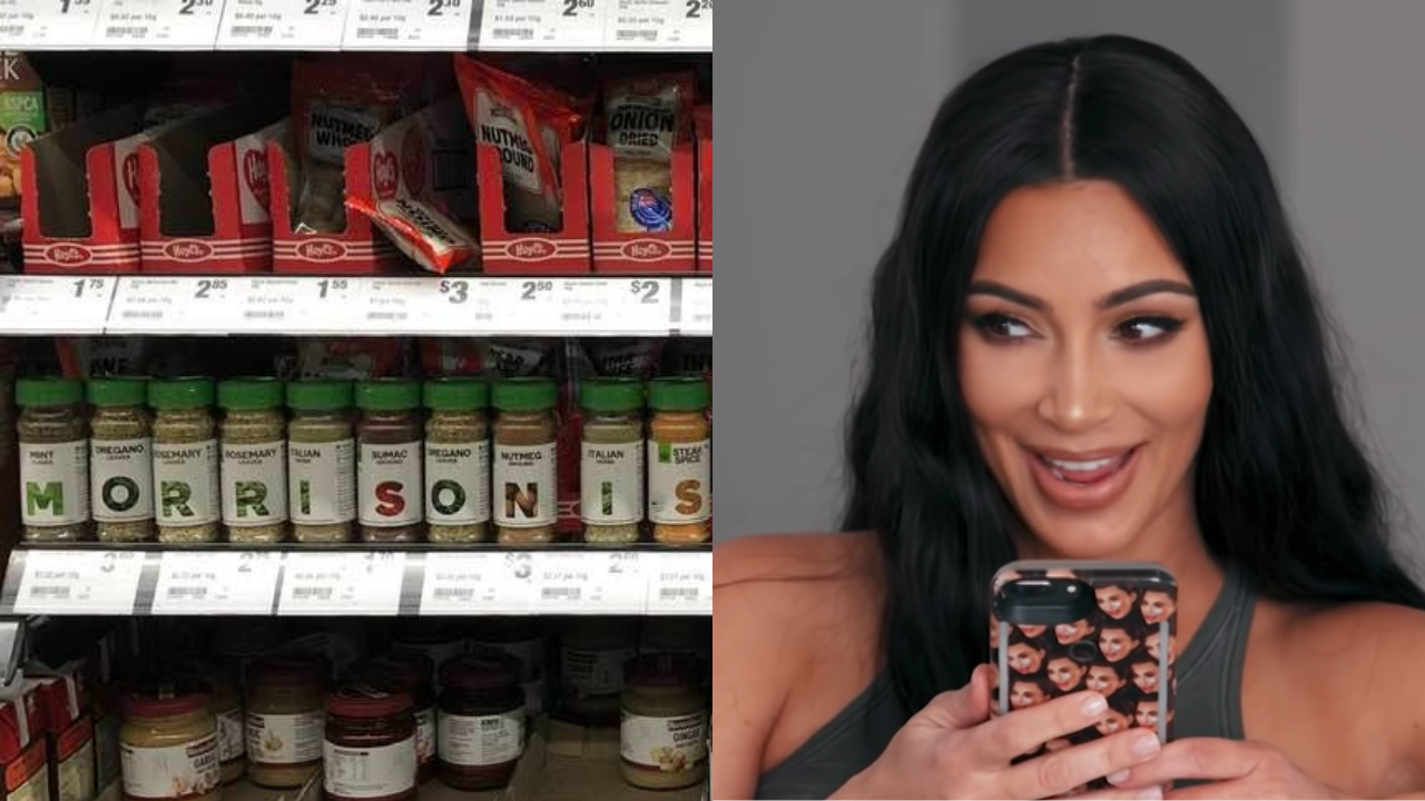 A spice aisle at Woolies which has been rearranged to spell out "Morrison is a groin stain" juxtaposed with Kim Kardashian laughing