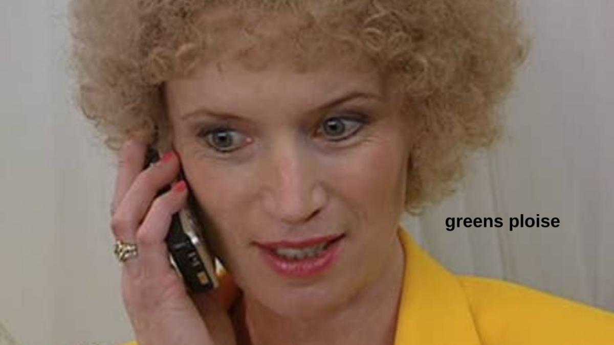 kath on the phone to depict phone-voting, with caption "greens ploise"