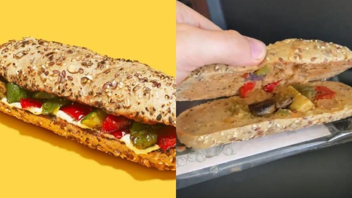 EasyJet flight baguette ad compared to the sad sandwich that was provided.