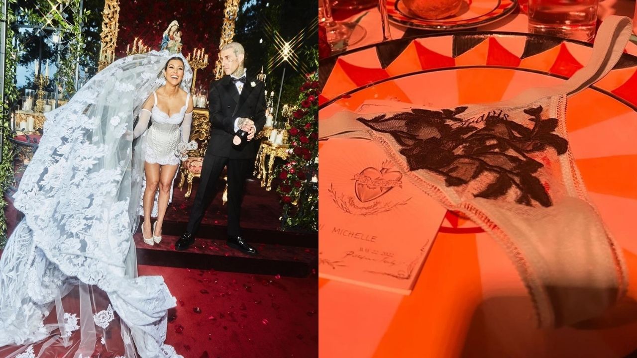 TMI But Kourtney Wore A G-Banger Delicately Embroidered W/ A Hidden Message At Her Wedding