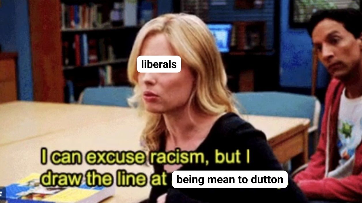Meme about liberals being more outrage about Voldemort Peter Dutton jokes than actual racism and bigotry.