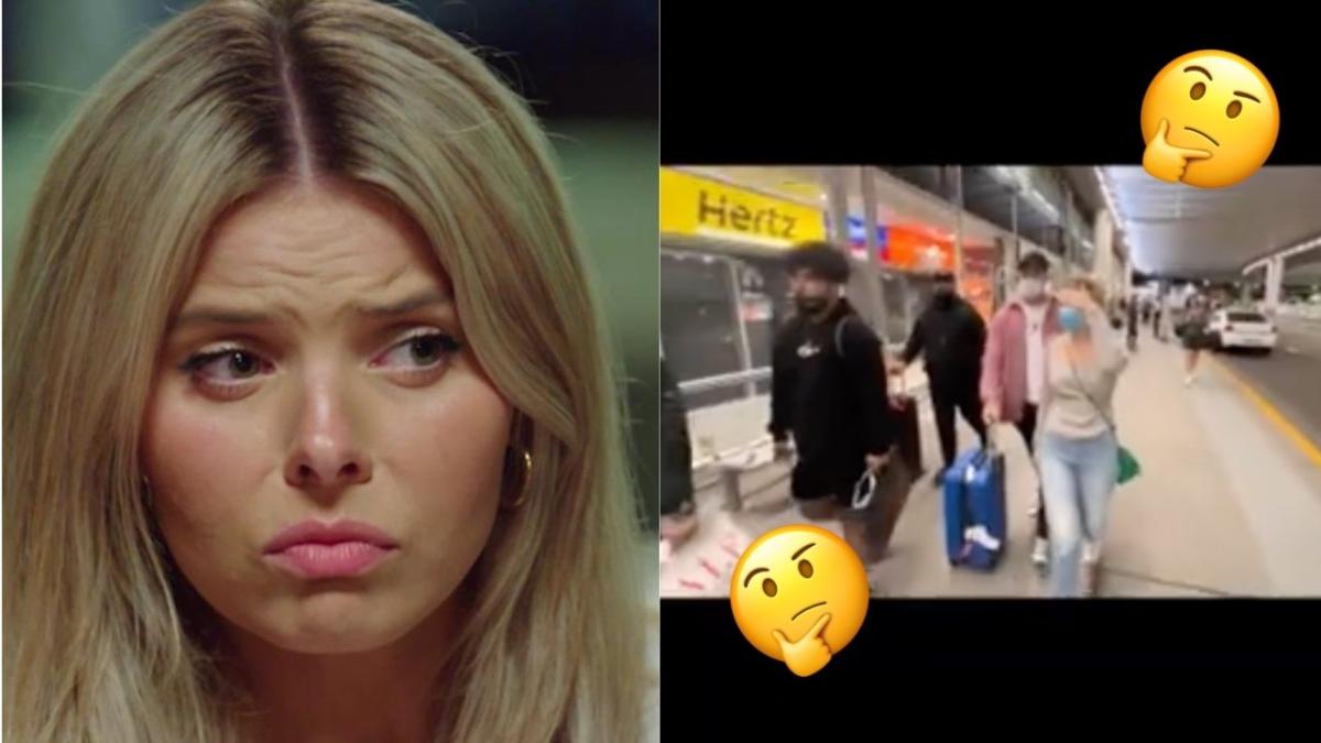 Olivia and Jackson reportedly break up. Image is of Olivia frowning next to a blurry screenshot of her and Jackson at the airport.