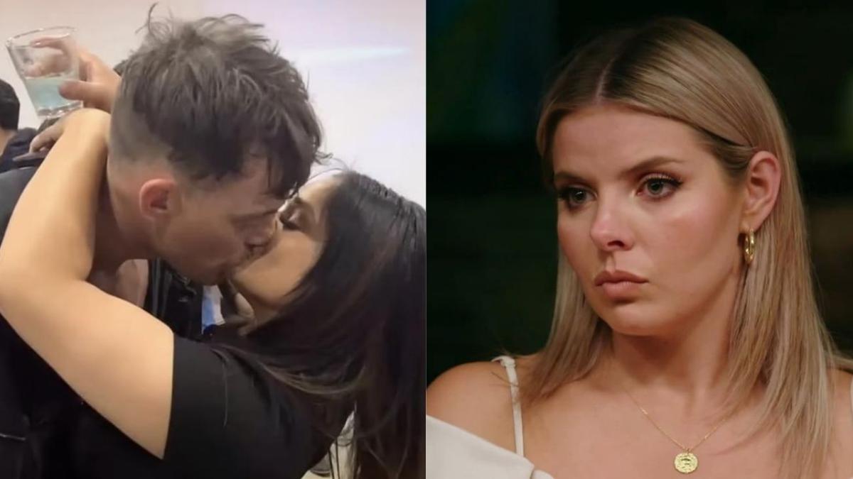 Image of Jackson cheating by kissing another woman, next to a picture of Olivia crying.