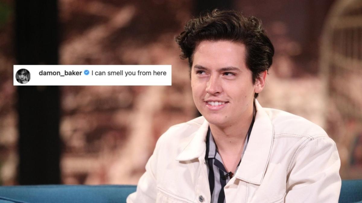 Cole Sprouse laughing, with a comment that says: "I can smell you from here."