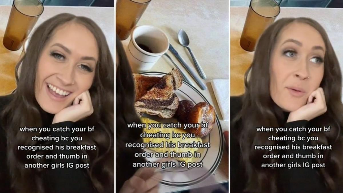 A TikTok of a woman recounting how she caught her boyfriend cheating when she recognise his thumb and favourite brunch order in another girl's instagram post.