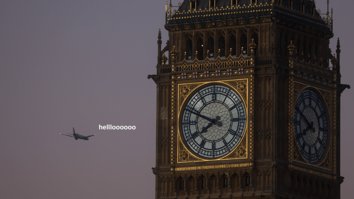 A flight in London, with a plane flying past Big Ben