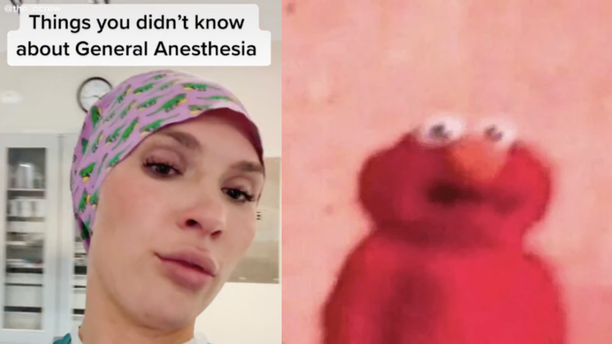 Screenshot of a surgeon's face with the caption 'Things you didn't know about General Anaesthetic' and a photo of Elmo