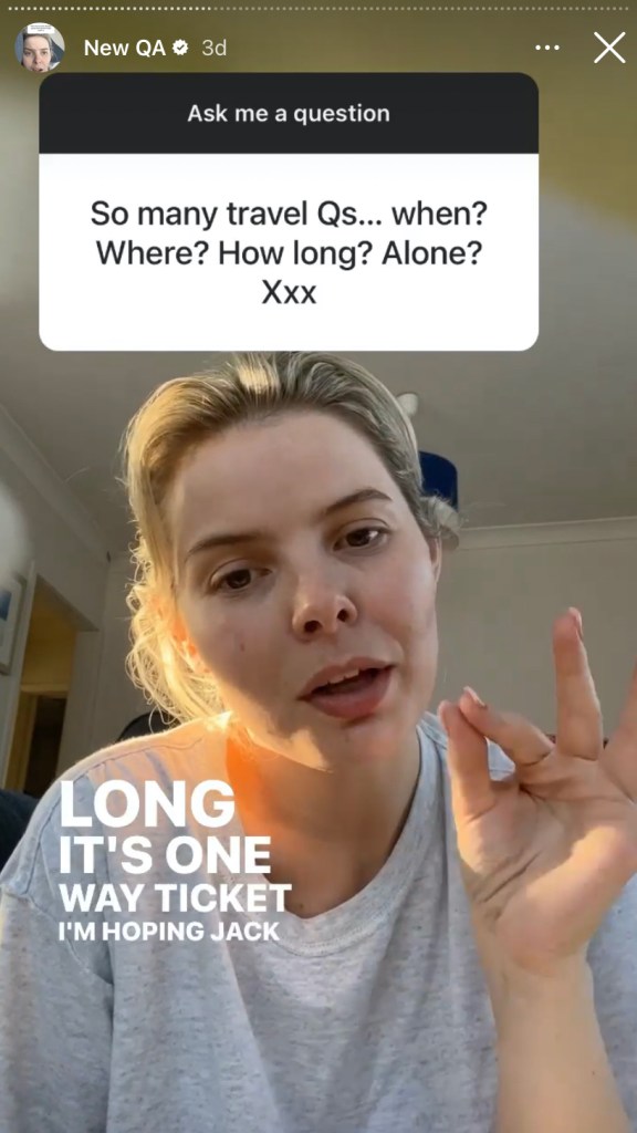 Screenshot of Married at First Sight contestant Olivia Frazer answering 'So many travel Qs... when? Where? How long? Alone? Xxx' on Instagram
