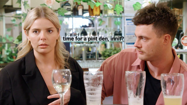 Married at First Sight's Olivia Frazer and Jackson Lonie sitting at a table with glasses on the table and black text overlaid that says 'time for a pint den, innit?'