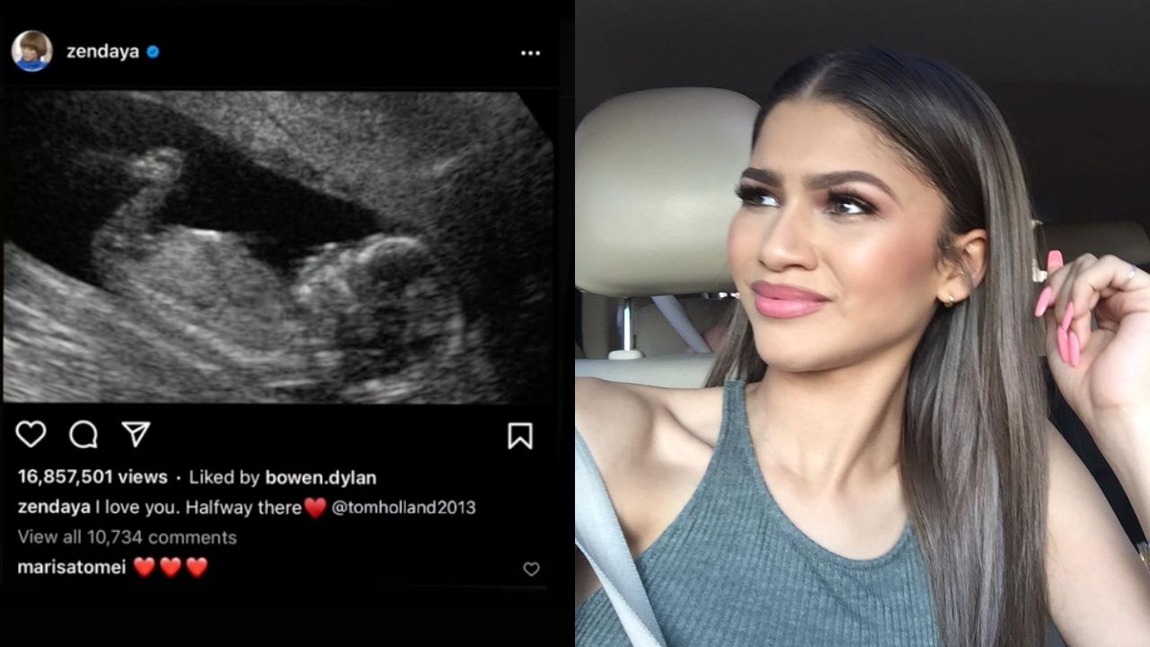 Pregnant Zendaya Instagram post, next to an image of her looking disgusted.