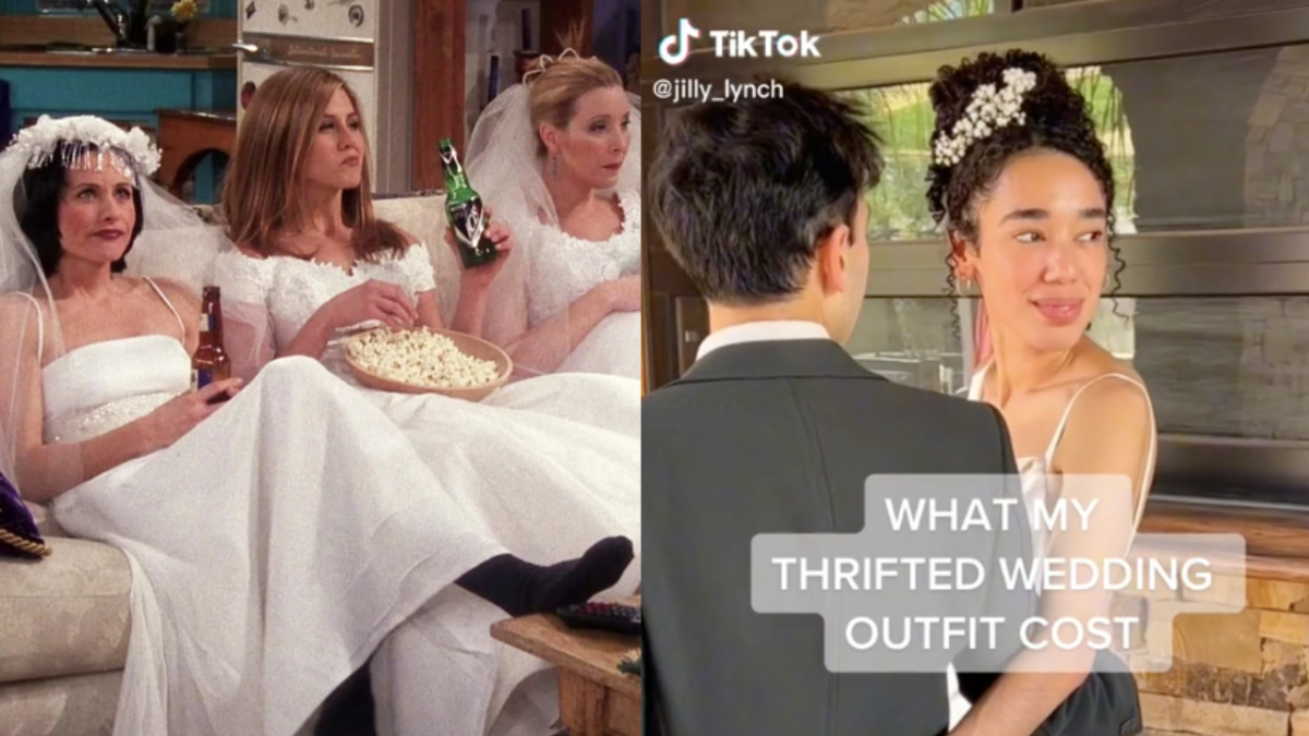 Pictured on the left: Monica, Rachel and Phoebe from Friends wearing wedding dresses. Pictured rghti: TikTok user Jillian Lynch in her $5 wedding dress.