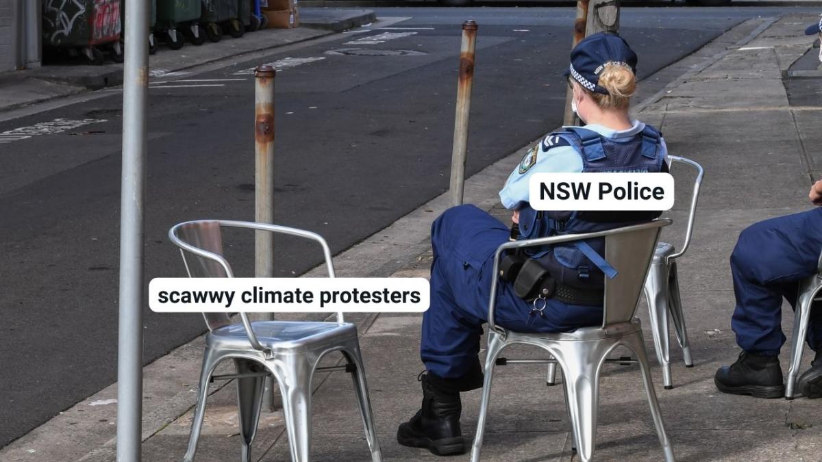 NSW Police raided climate protesters and then called them aggressive for reacting. the image is a meme of NSW Police staring at aggressive climate protesters who dont exist.