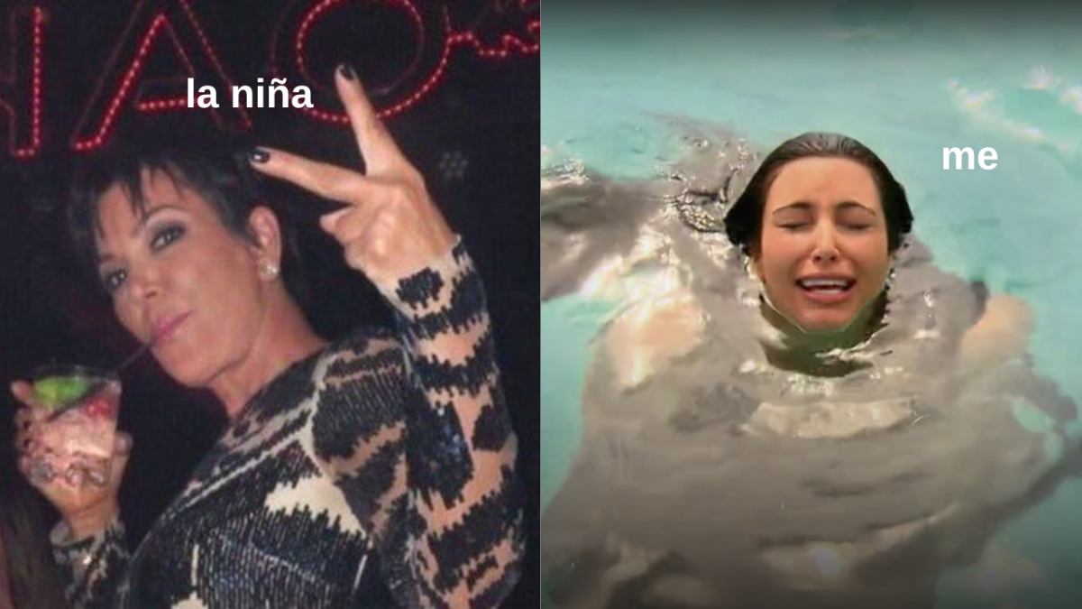 Kris Jenner sipping a drink and doing peace sign with her hand and Kim Kardashian in the pool
