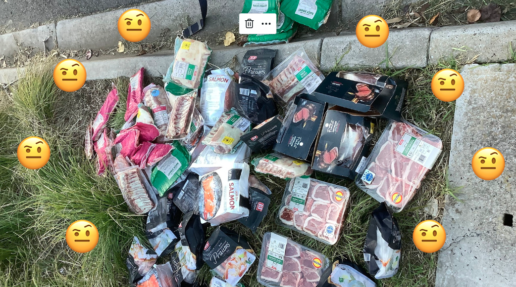Dozens of meat and seafood packets on the ground with confused emojis overlaid