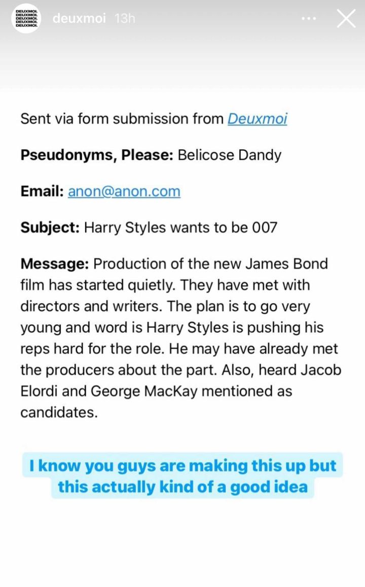 Harry Styles Is Apparently In The Running To Play James Bond & I’m Fkn Shaken *And* Stirred