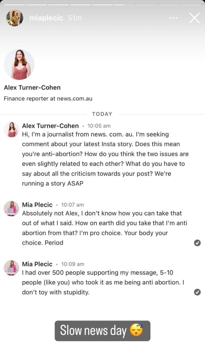 Screenshot of an Instagram story uploaded by Aussie influencer Mia Plecic, showing direct messages with journalist Alex Turner-Cohen