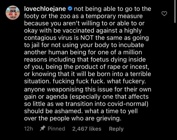 Screenshot of an Instagram comment from Aussie influencer Chloe Grayling, user @lovechloejane
