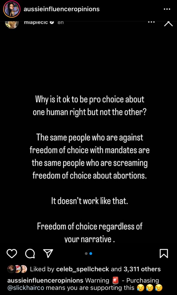 Screenshot from Instagram user @aussieinfluenceropinions, which is a screenshot from @miaplecic, where she compares abortion laws to vaccine mandates