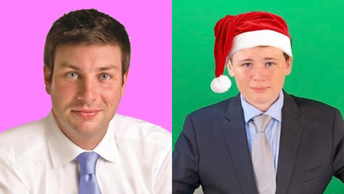 Photo of Liberal MP Tim Smith in front of a pink screen wearing a suit and tie and journalist Leonardo Puglisi in front of a green screen wearing a suit and santa hat