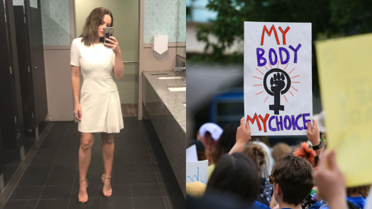 Selfie of Abbie Chatfield in bathroom mirror and photo of sign that reads 'My body, my choice' at Roe v Wade protest in Minneapolis