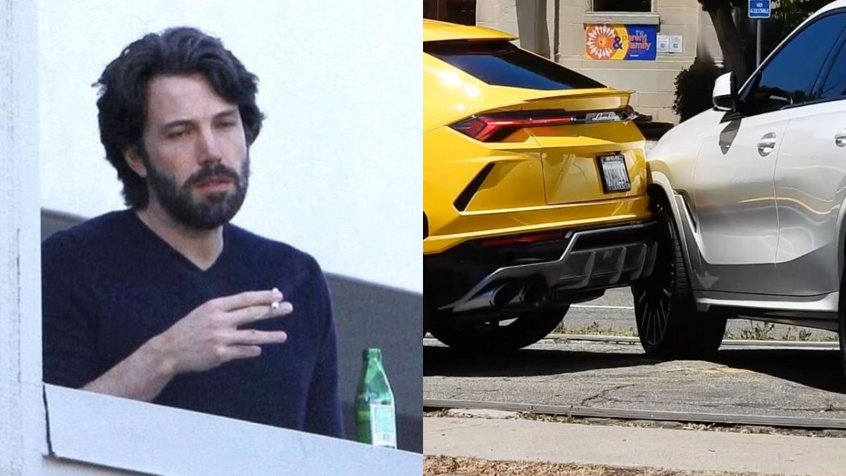 Ben Affleck meme next to a picture of a yellow Lamborghini crashing into a BMW.