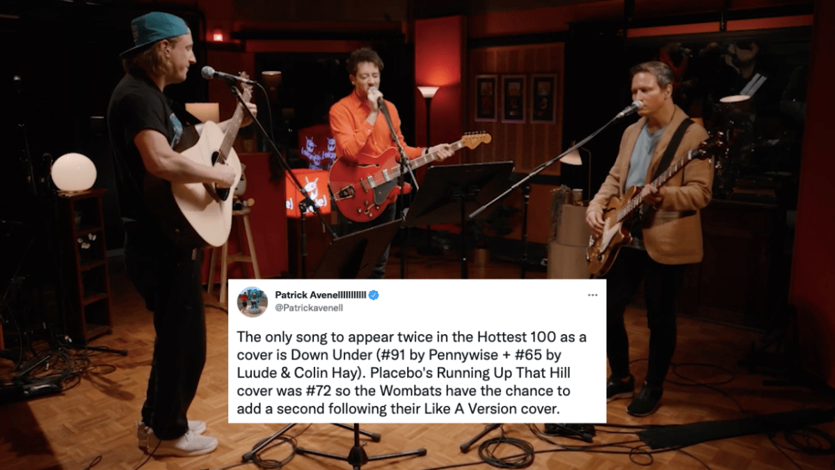 The Wombats performing 'Running Up That Hill (Deal With God)' on triple j's Like a Version with a Tweet overlaid