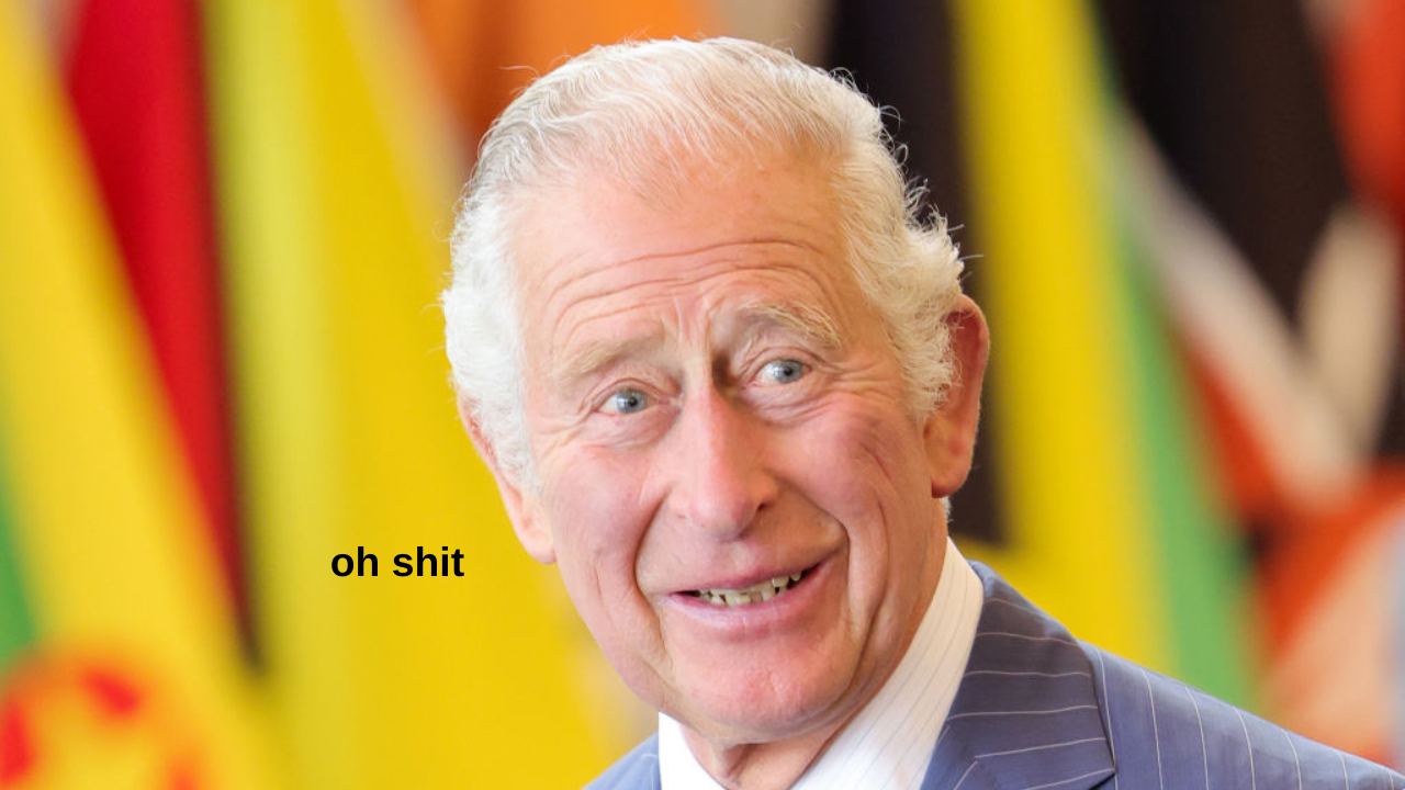 Prince Charles smiling as he leaves a CHOGM opening ceremony in Rwanda with 'oh shit' text overlaid