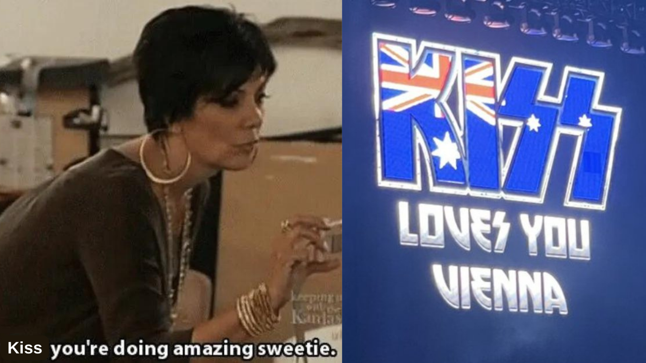 Photo of Kris Jenner in Keeping Up With the Kardashians saying "Kiss you're doing amazing sweetie" and photo of logo at Kiss concert showing Australian flag