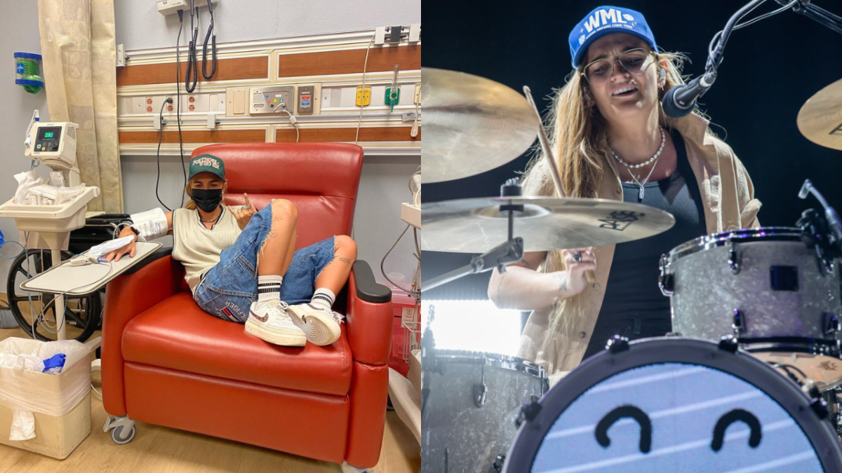 Two photos of singer-songwriter G Flip sitting in a big red chair in a hospital and drumming at a music festival in Melbourne