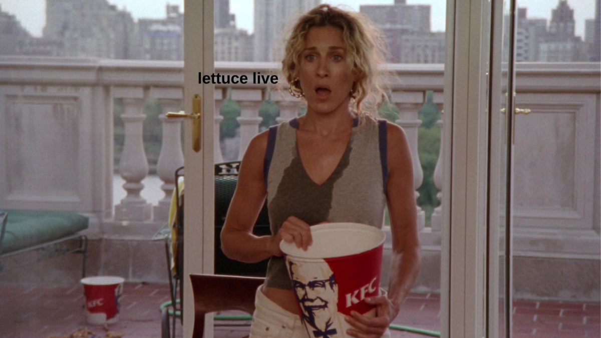 Photo of Carrie Bradshaw in Sex and the City holding a bucket of KFC with text that reads "lettuce live" overlaid near her face