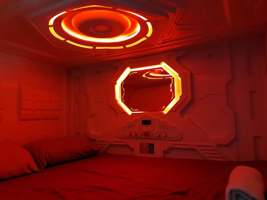 Interior of a pod, with red light on