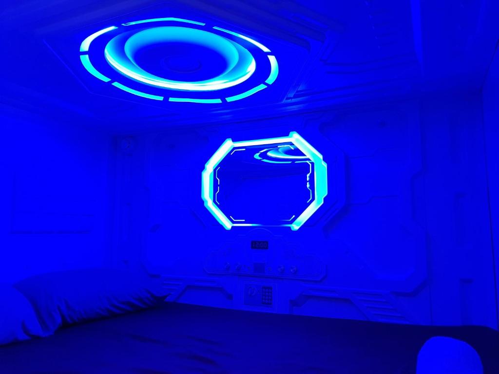 Interior of pod, with blue light on