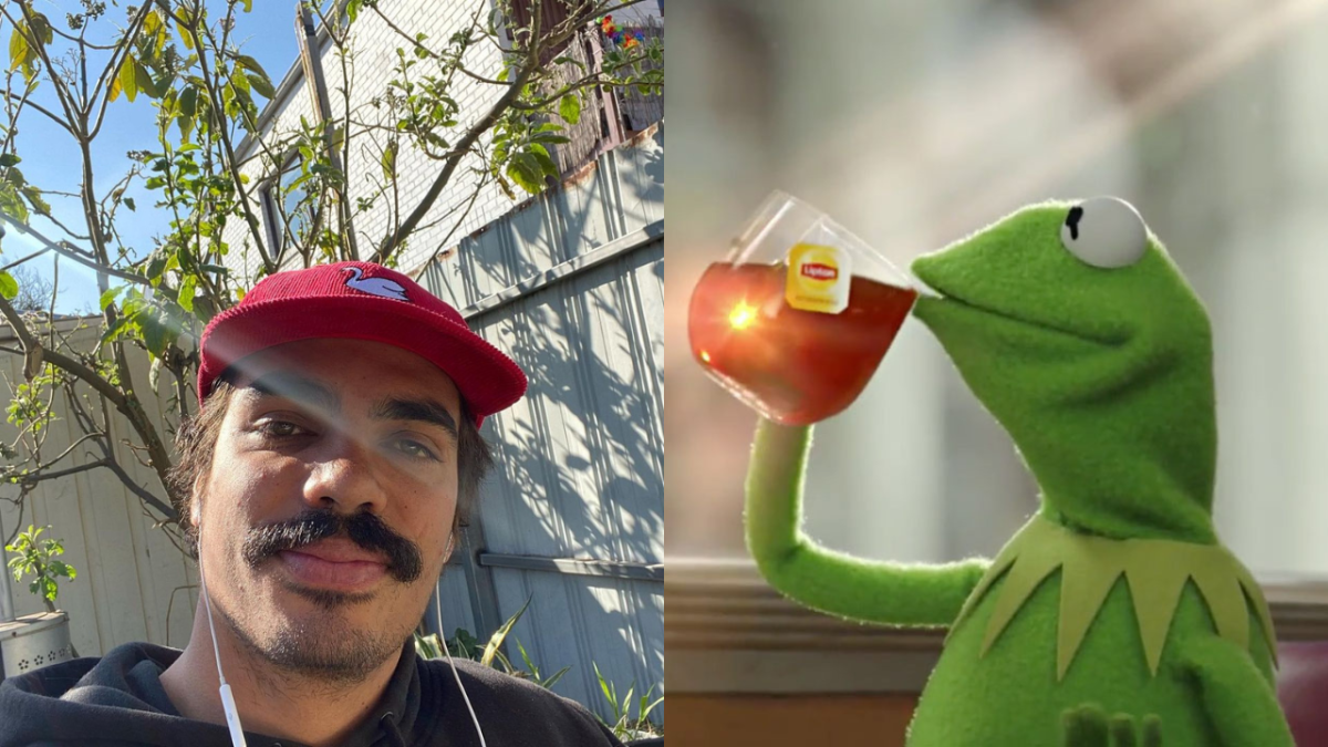 Selfie of Tony Armstrong wearing a red cap and Kermit the frog drinking tea