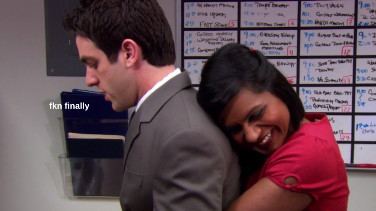 Ryan Howard and Kelly Kapoor from The Office hugging with text overlay that says "fkn finally"