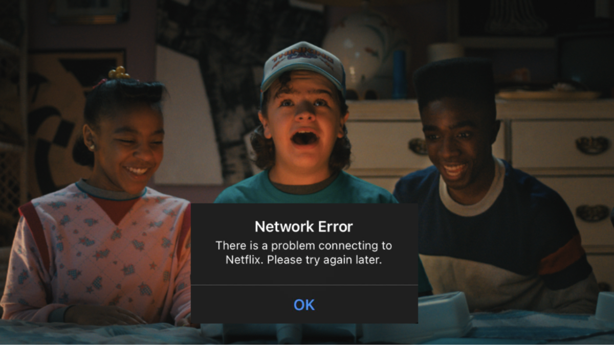 Erica, Dustin & Lucas from Stranger Things with a Netflix error pop up