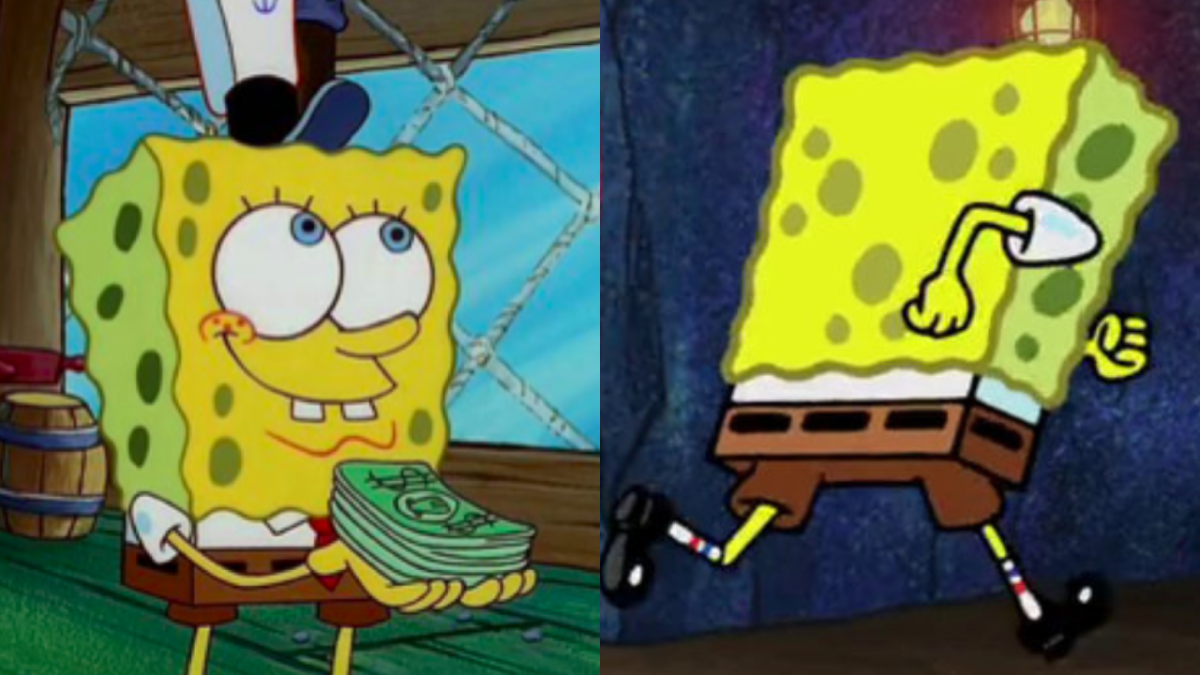 two screenshots of Spongebob Squarepants holding money and then running away