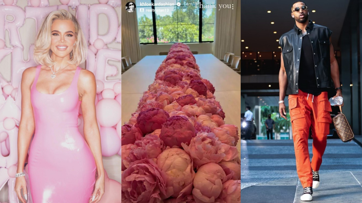 Photos of Khloe Kardashian in a pink dress, pink peonies on a table posed by Khloe on Instagram and Tristan Thompson walking in a black shirt and orange pants