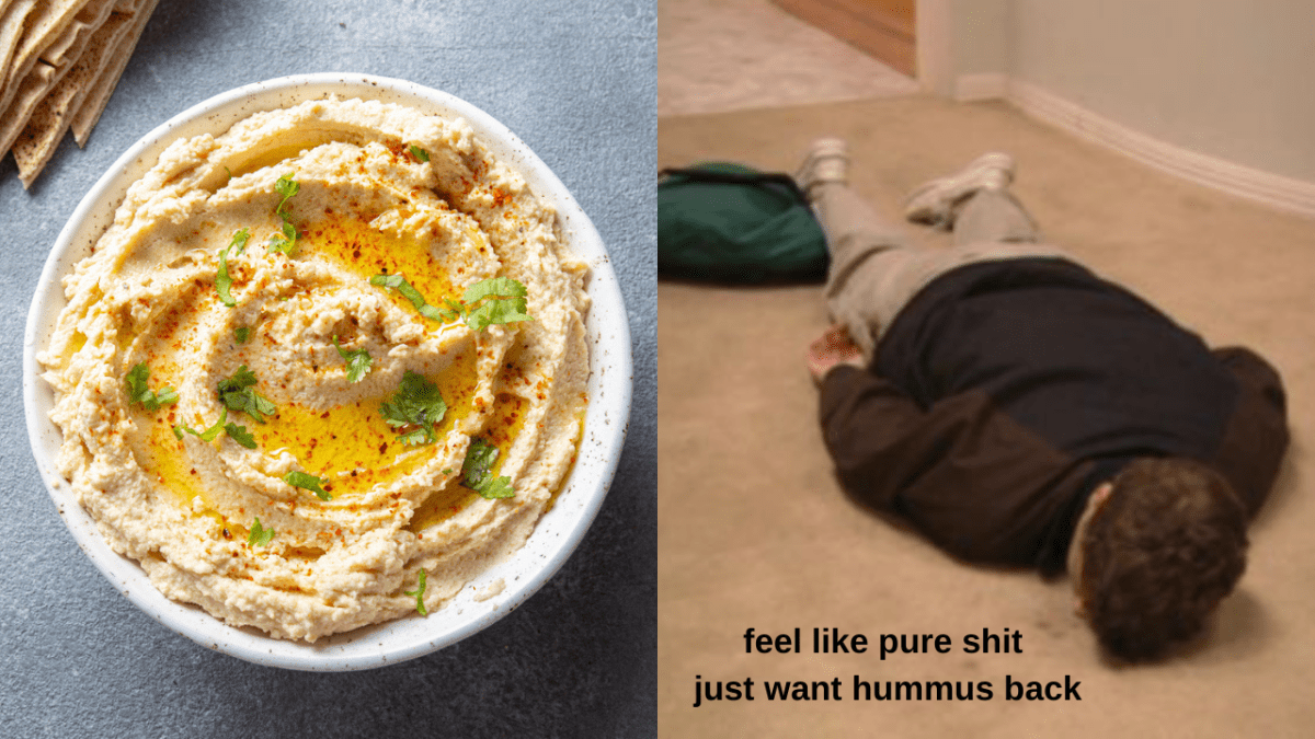 Photo of hummus in a grey bowl garnished with oil and herbs and George Michael Bluth in Arrested Development lying on the floor
