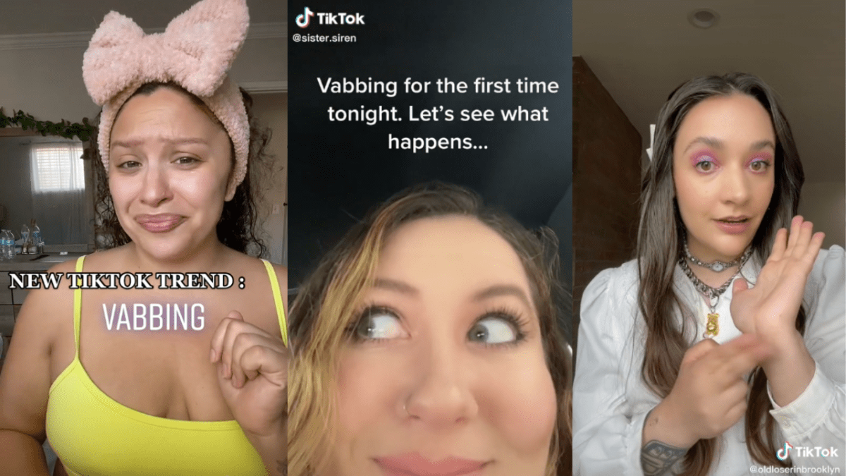 TikToks screenshots: A woman in a yellow singlet with the caption "New TikTok Trend: Vabbing", a close up of a girl's face with the caption "Vabbing for the first time tonight. Let's see what happens..." and a girl in a white blouse with pink eyeshadow holding two fingers to her wrist